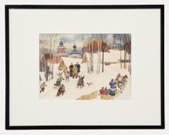 Russian School Mid 20th Century Watercolour - Sledging on a Winter's Day
