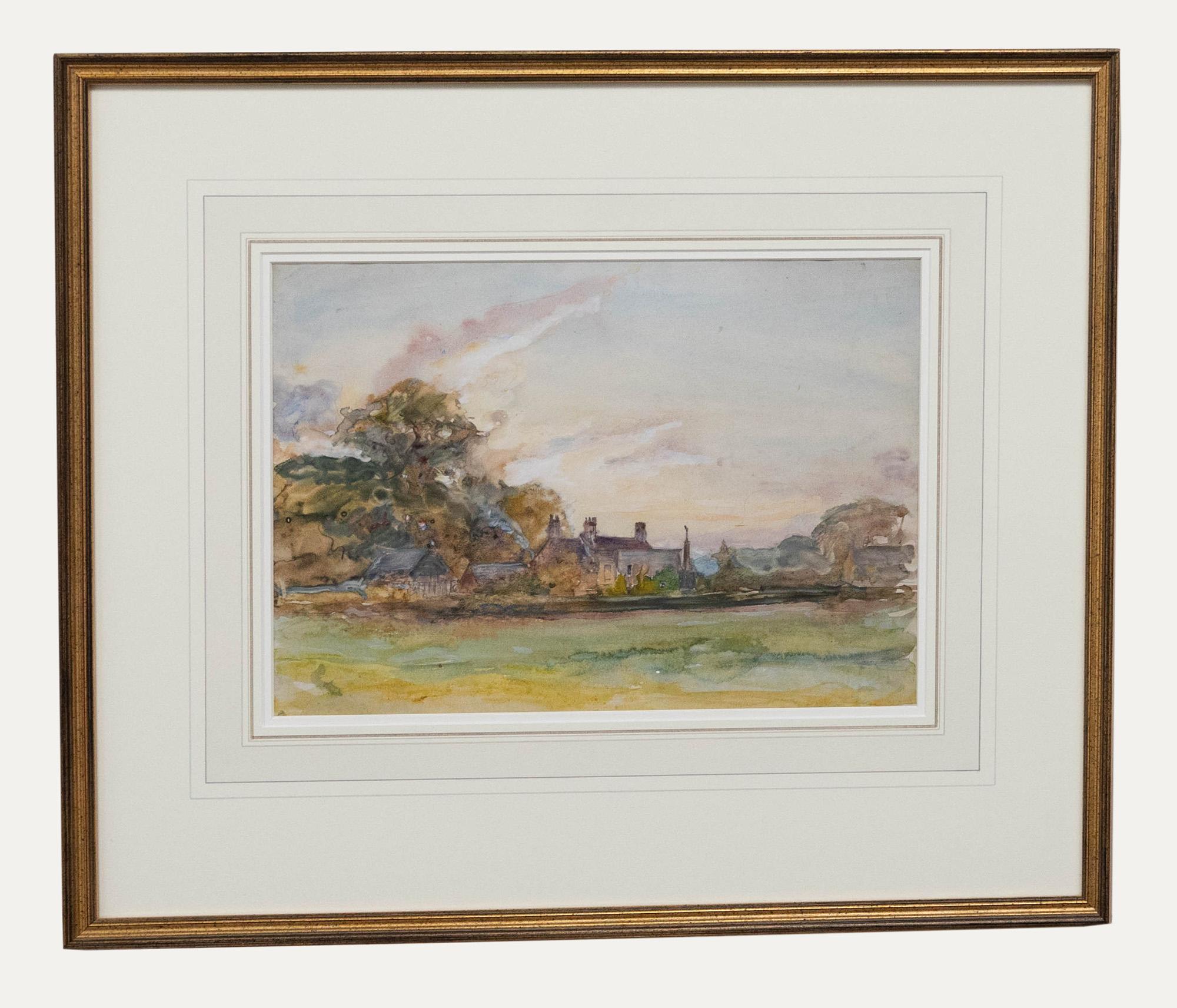 Gerahmtes Aquarell des frühen 20. Jahrhunderts – Herrenhaus-Szene
