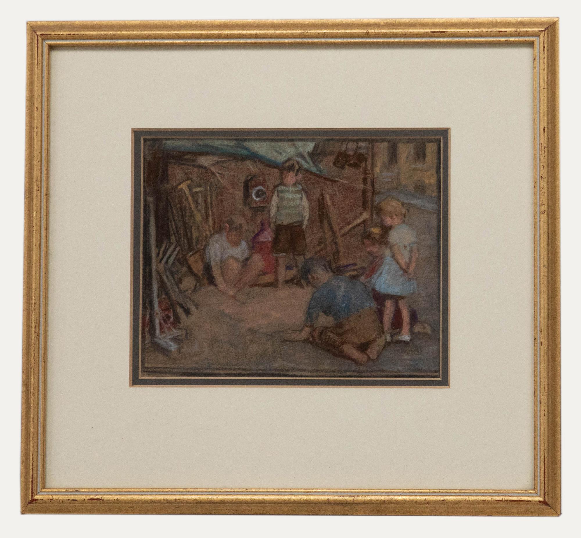 Figurative Art Unknown - Pastel du milieu du 20e siècle - Jouer dans le sable