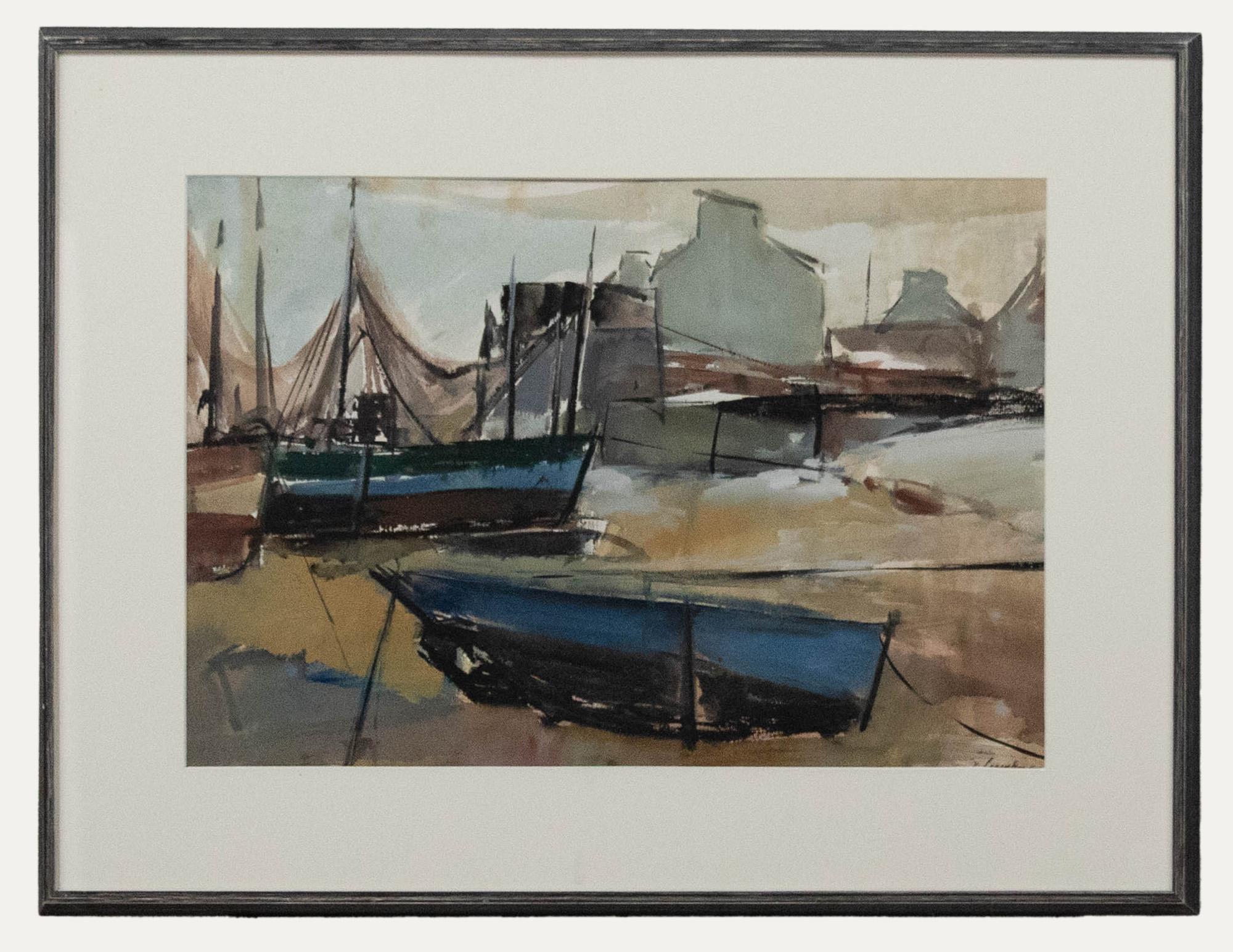 Aquarelle du 20e siècle encadrée - Bateaux de pêche dans un port