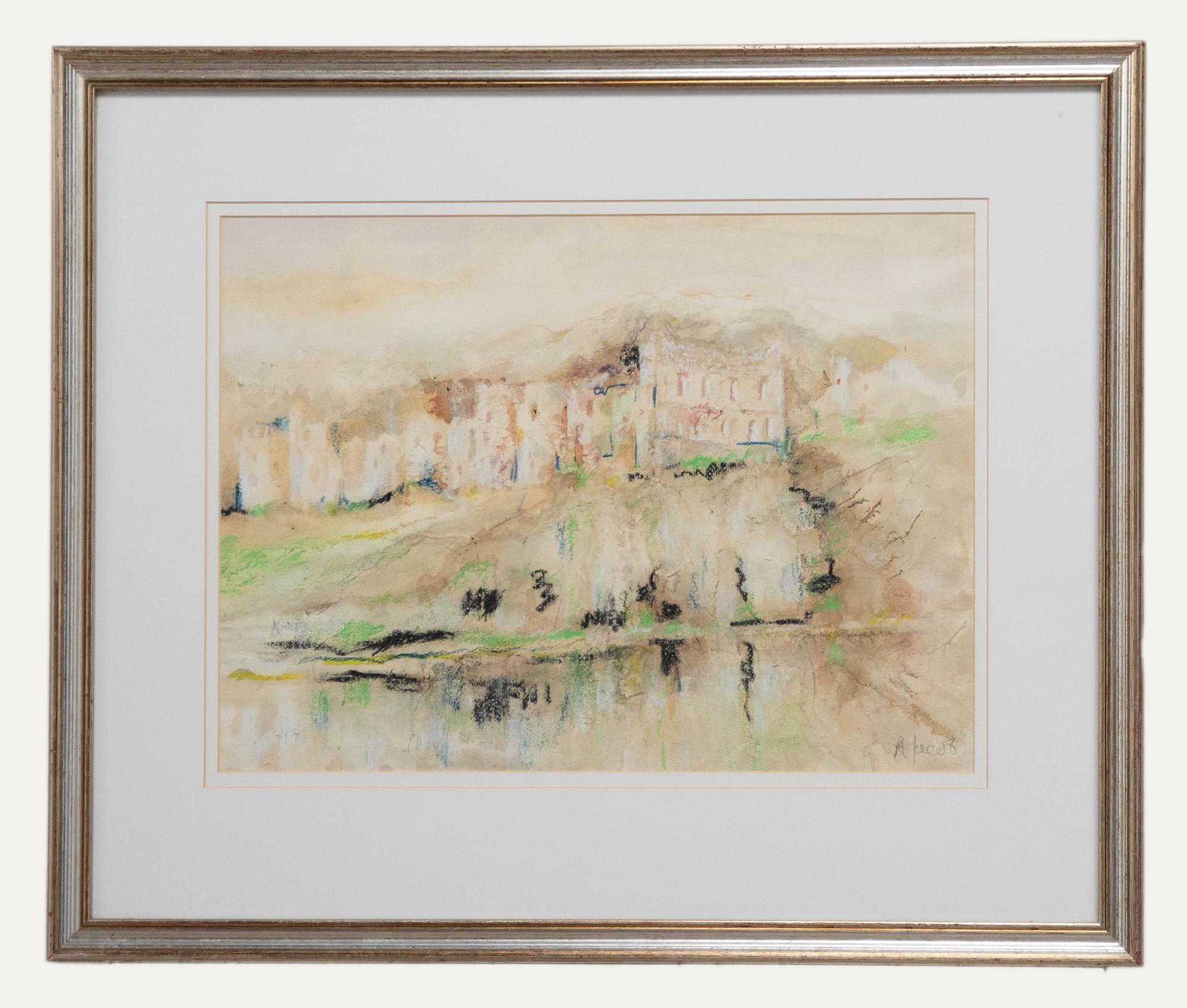 Unknown Landscape Art – Gerahmt Pastell aus der Mitte des 20. Jahrhunderts – Schlossruinen
