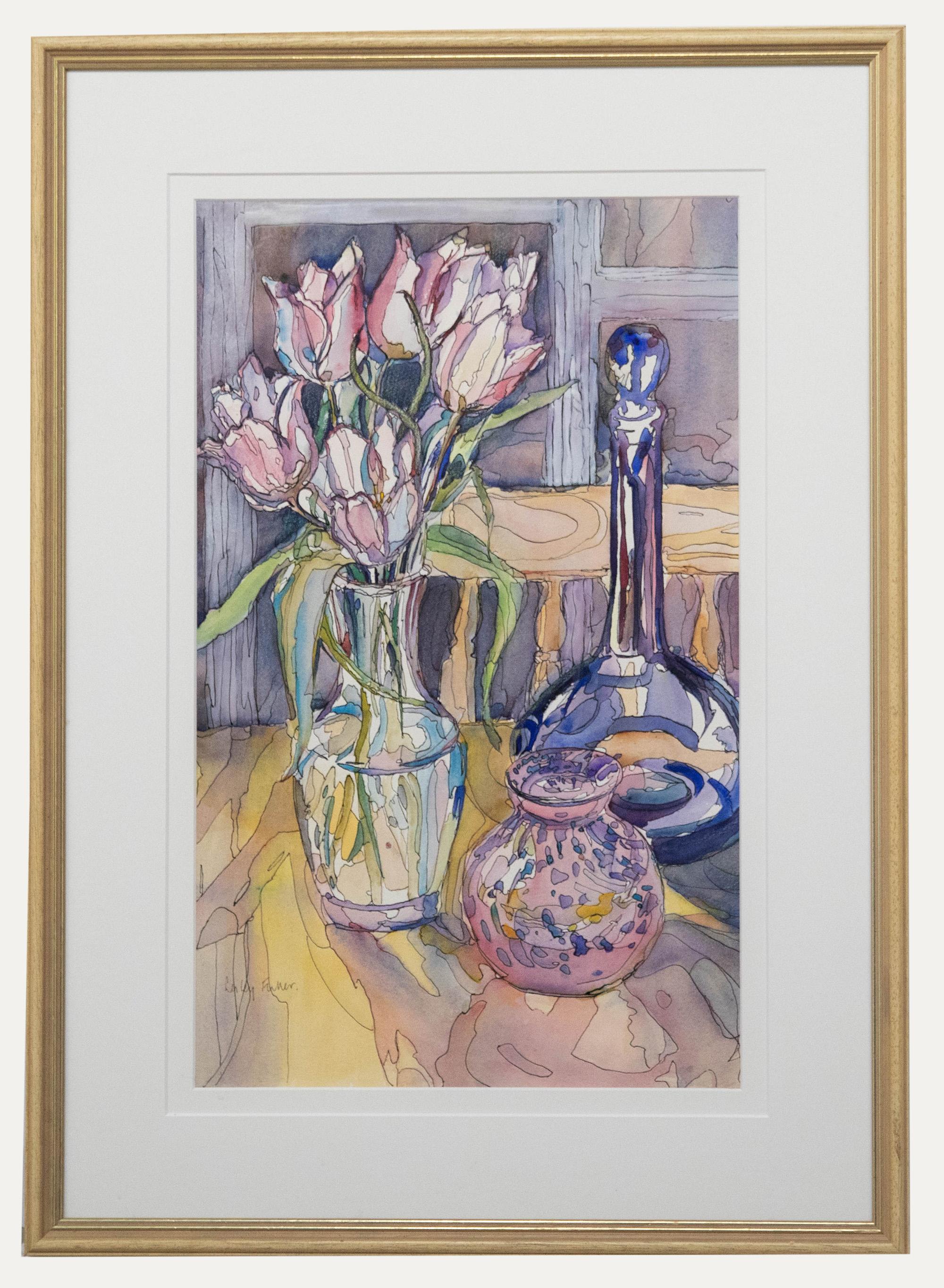 Unknown Still-Life - Lesley Fuller  - Contemporary Watercolour, Tulips and Blue Vase