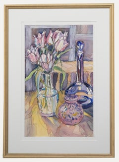 Lesley Fuller  - Contemporary Watercolour, Tulips and Blue Vase