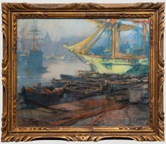 Louis Fortuney (1875-1951) - Pastello francese, Scena di porto all'alba