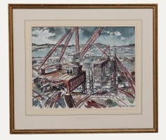 Peter Lowry – Aquarell des 20. Jahrhunderts, industrielle Landschaft mit Tower Cranes