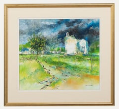 John Lancaster - Aquarelle contemporaine encadrée, Château des Templiers en ruine