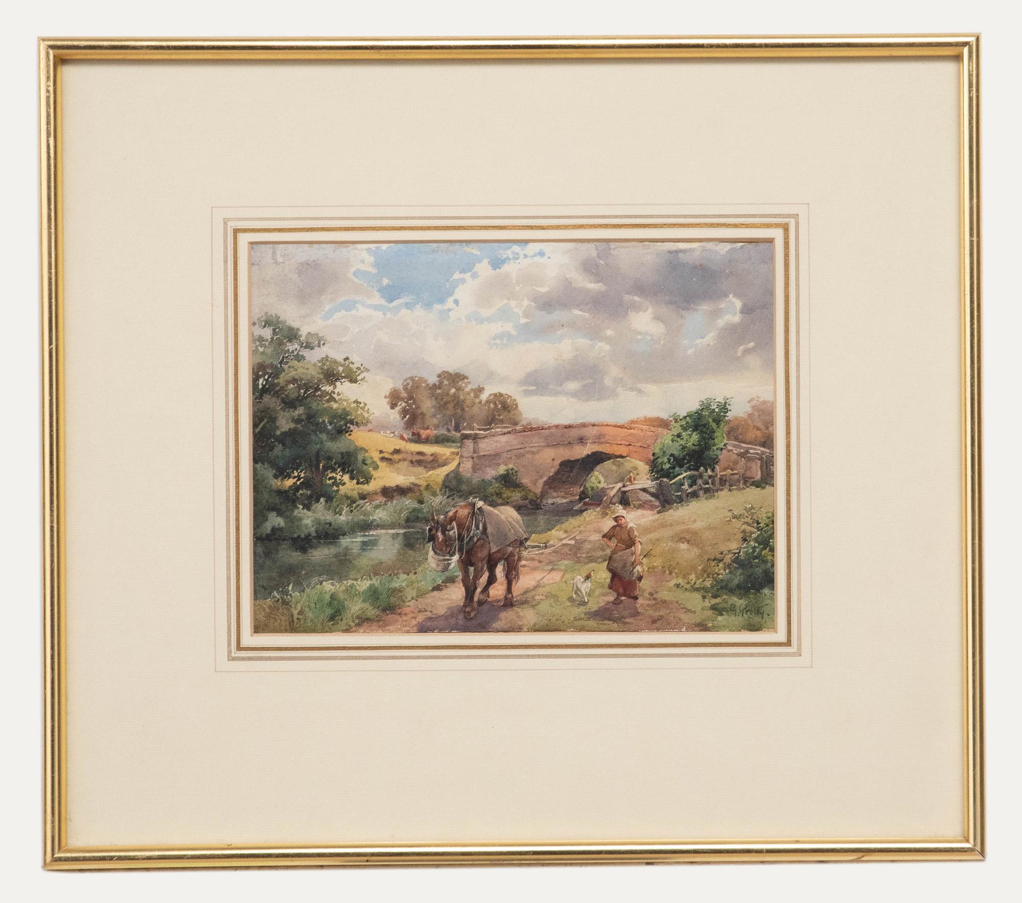 G. Grolly  - Aquarelle du début du 20e siècle, Cheval sur le bord de la rivière