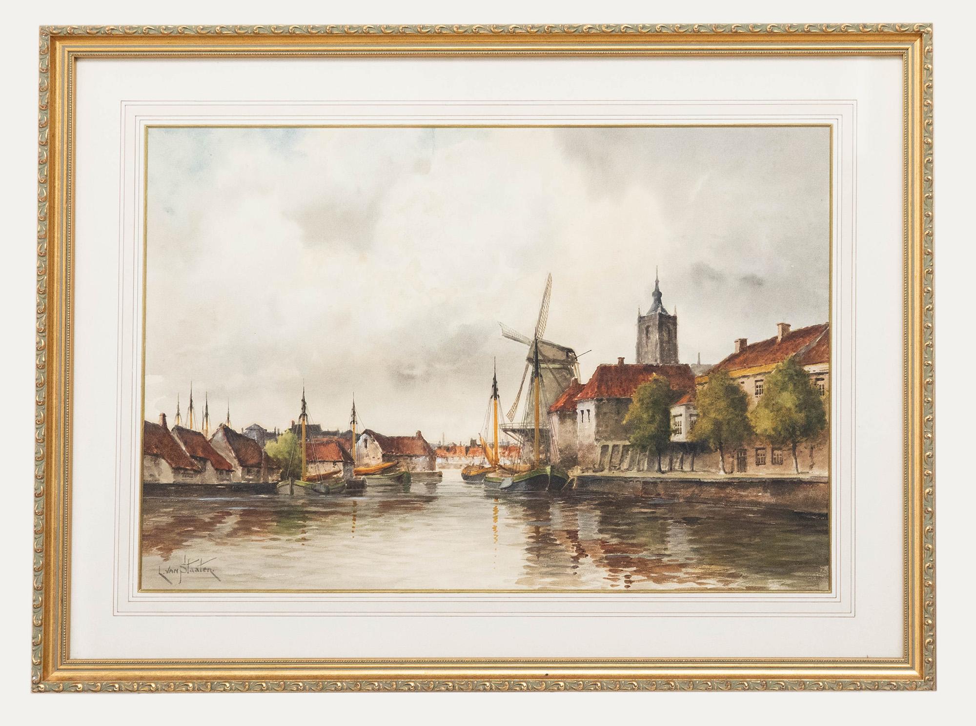 Une aquarelle originale du peintre néerlandais Louis Van Staaten, également connu sous le nom de Hermanus II Koekkoek (1836-1909). Signé en bas à gauche. Bien présenté dans un grand cadre doré avec de délicats motifs courants et une monture à lavis.