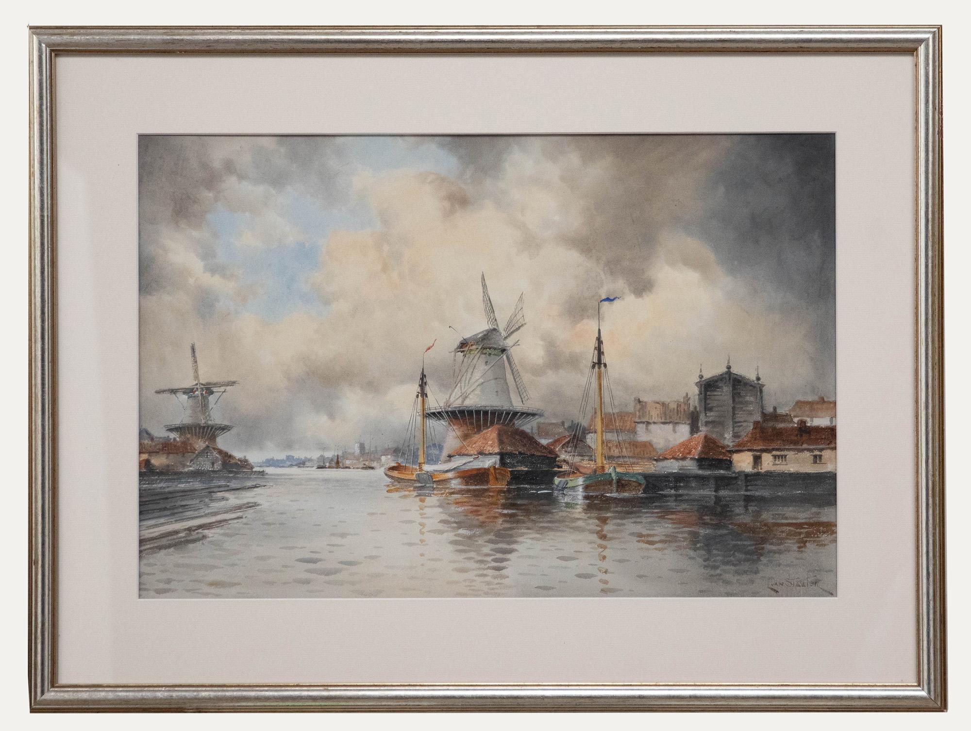 Schönes Originalaquarell des niederländischen Malers Louis Van Staaten, auch bekannt als Hermanus II Koekkoek (1836-1909). Signiert unten rechts. Präsentiert in einem eleganten silberfarbenen Rahmen mit Passepartout. Auf Aquarellpapier. 