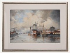 Louis Van Staaten (1836-1909) - Watercolour, Dutch River Scene with Windmills