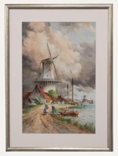 Louis Van Staaten (1836-1909) - Acquerello incorniciato, Figure presso un mulino a vento olandese