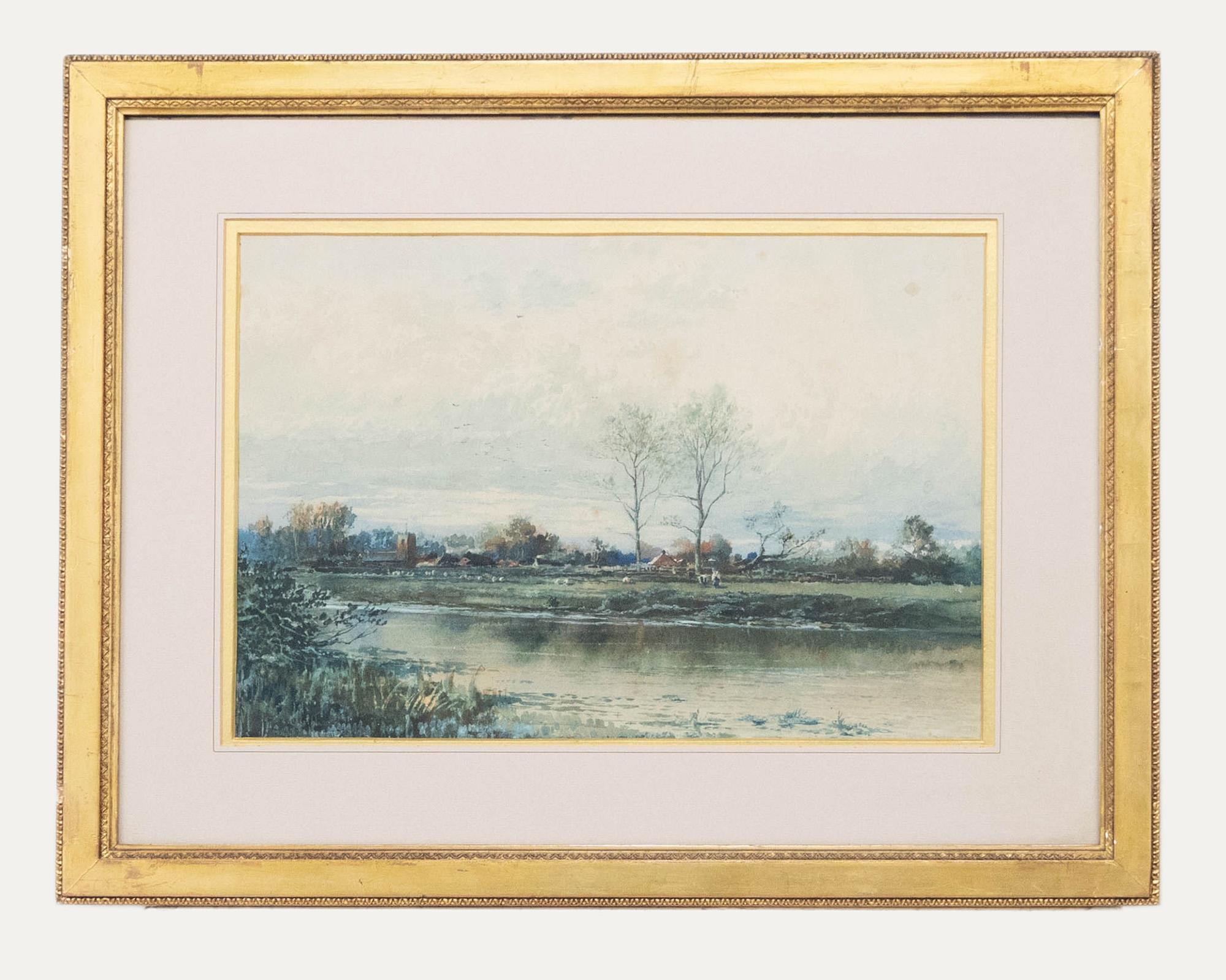 Albert Pollitt (1856-1926) – gerahmtes Aquarell, Landhaus am Flusss, Albert Pollitt