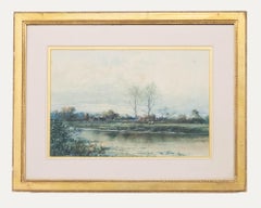 Albert Pollitt (1856-1926) - Acuarela enmarcada, Pueblo rural en el río