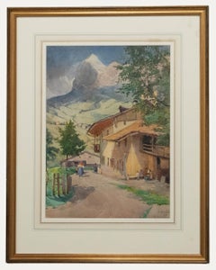 B. A. Pughe - Acuarela enmarcada de principios del siglo XX, Pueblo bajo la montaña