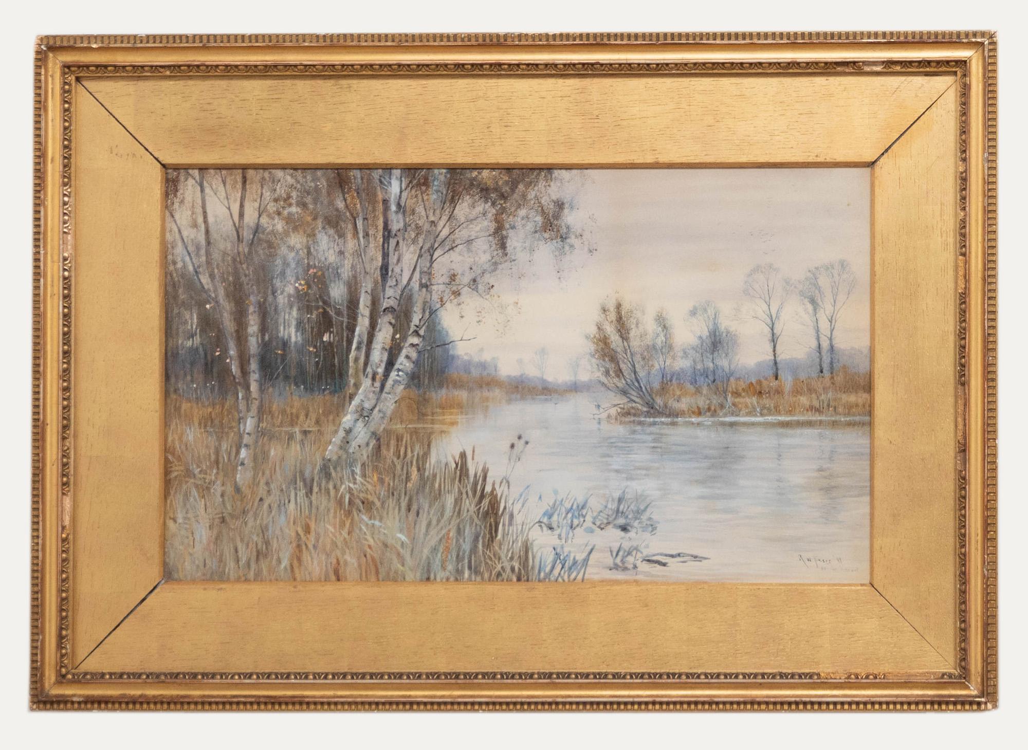 Robert Winchester Fraser (1848-1906). Original-Aquarell aus dem späten 19. Jahrhundert. Rechts unten signiert und datiert, 1988. Präsentiert in einem vergoldeten Rahmen und einem Beleg mit mehreren zarten Laufmustern. Auf dem Papier. 