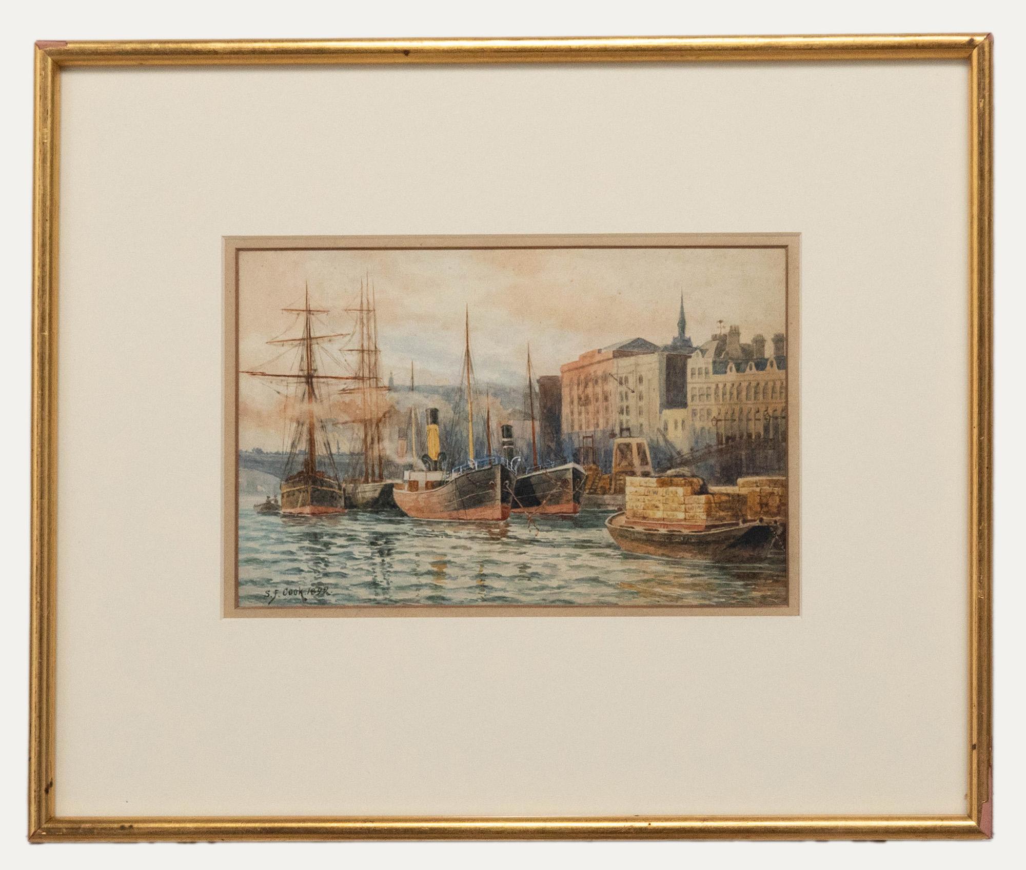 Unknown Landscape Art - Sydney F. Cook - Framed Late 19th Century Watercolour, Cargo Ships in Dock