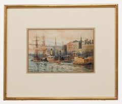 Aquarelle de Sydney F. Cook, encadrée, fin du 19e siècle, cargaisons de marchandises dans un quai