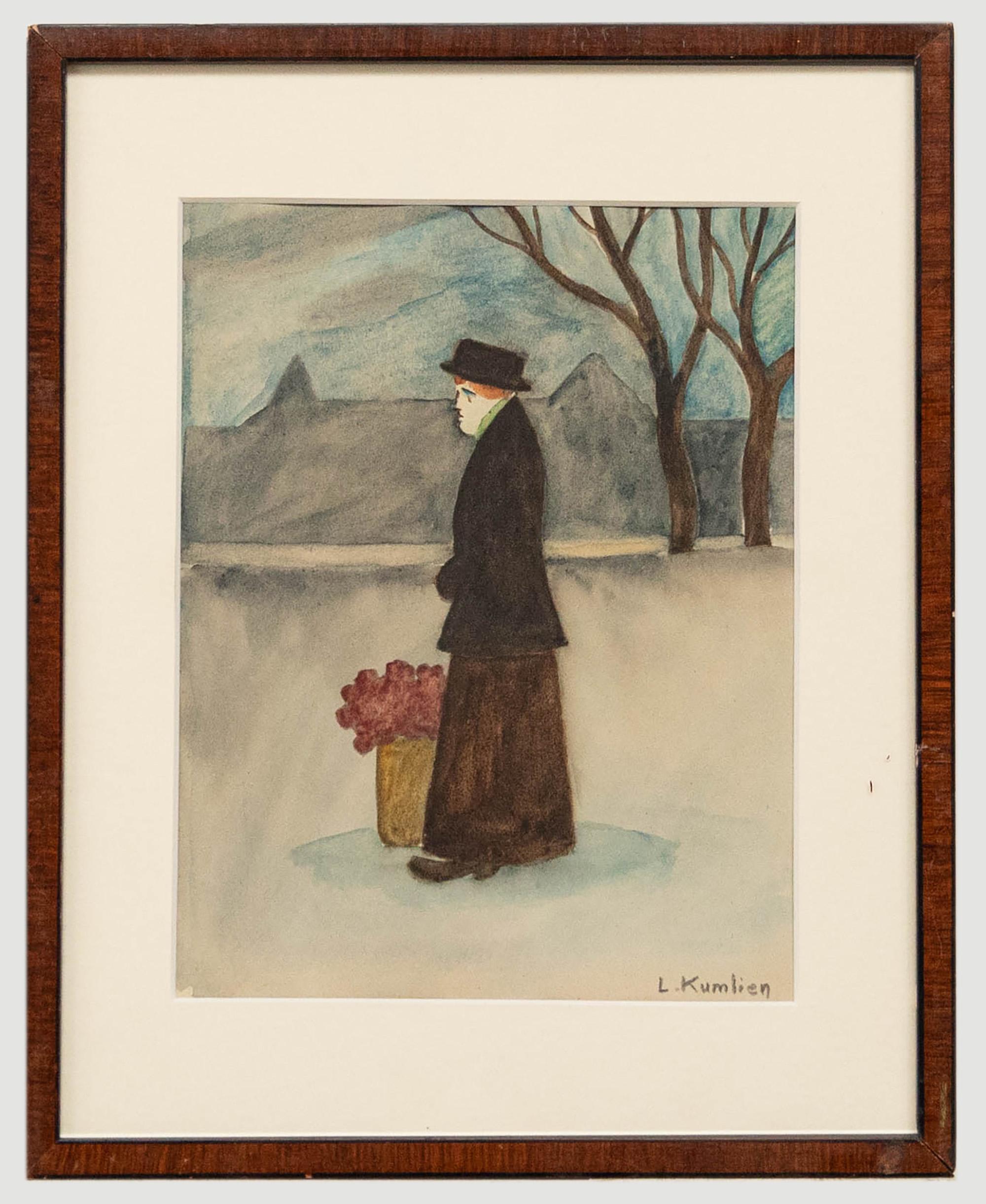 Portrait di Unknown - Ludvig Kumlien (1880-1958)- Acquerello incorniciato, Ritratto di donna con fiori
