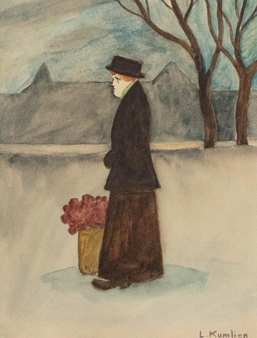 Ludvig Kumlien (1880-1958)- Acquerello incorniciato, Ritratto di donna con fiori - Art di Unknown