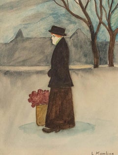 Ludvig Kumlien (1880-1958)- Acquerello incorniciato, Ritratto di donna con fiori