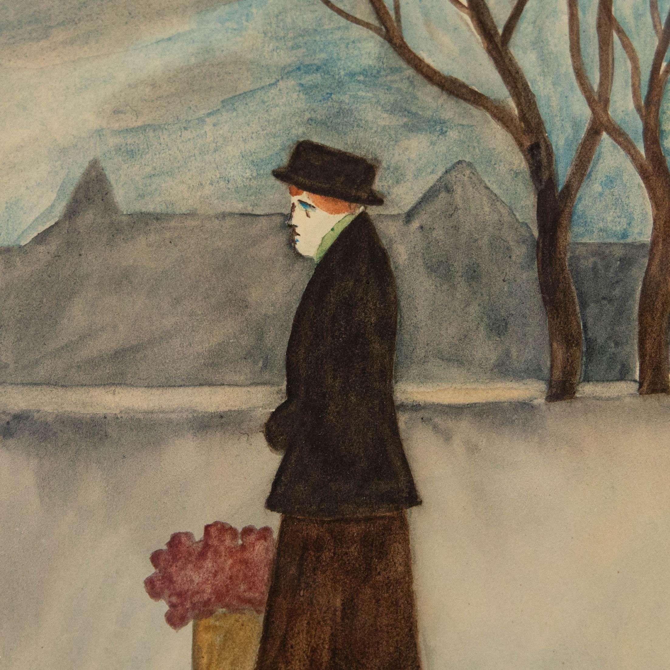 Ludvig Kumlien (1880-1958). Acquerello originale. Ritratto di donna in un paesaggio invernale. Firmato in basso a destra. Presentato in un'incantevole cornice impiallacciata in noce con un'elegante montatura bianca. Sulla carta.
