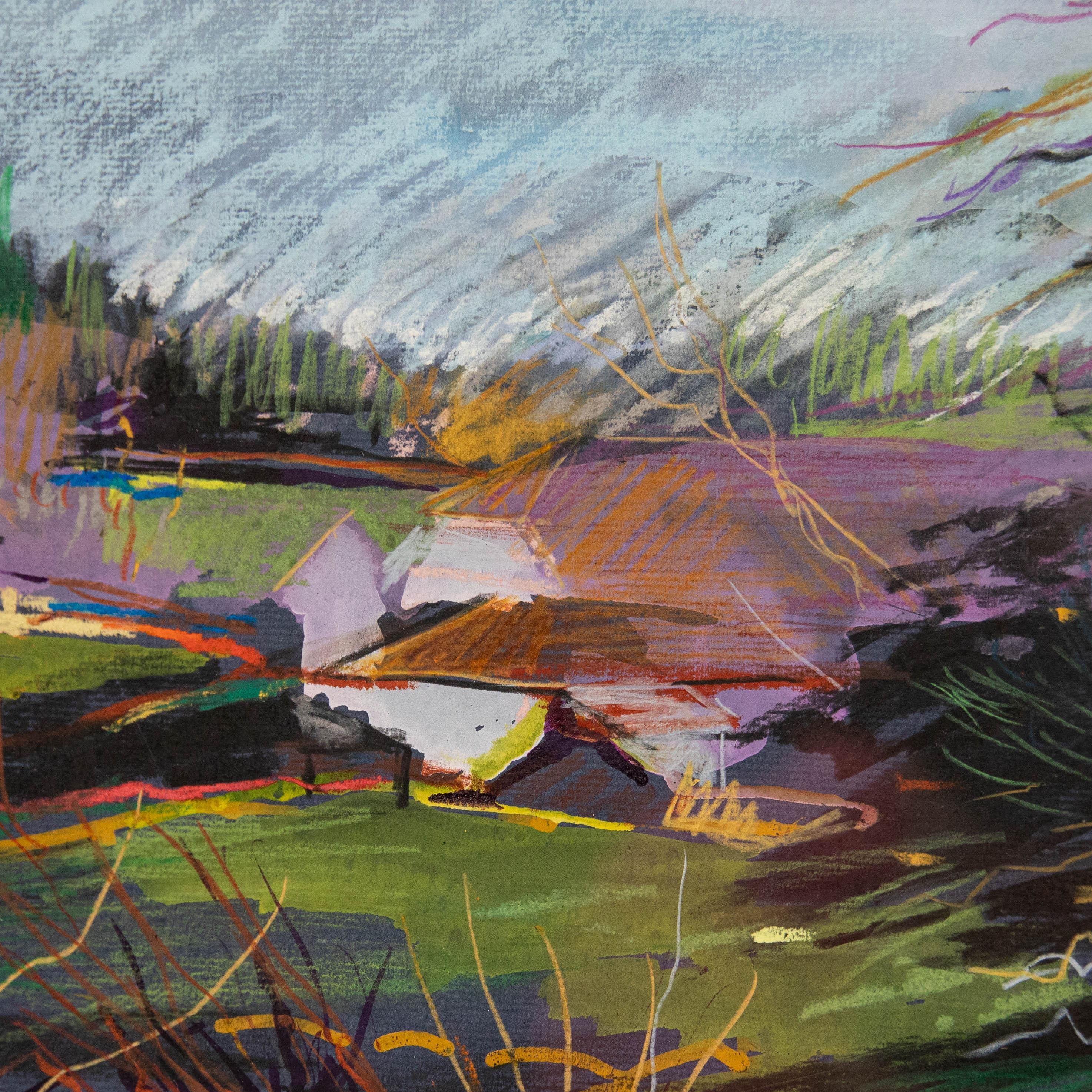 Un paisaje energético en pastel. Firmado abajo a la derecha. Presentado en un gran marco contemporáneo. Sobre el papel.