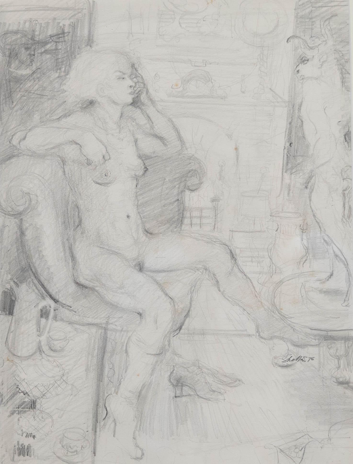 A dynamic life drawing study depicting a nude model in a busy interior. She stares at the minotaur statue placed directly in front of her on a table. Signed and dated to the lower right. Presented in a gilt frame with a beaded running pattern. On