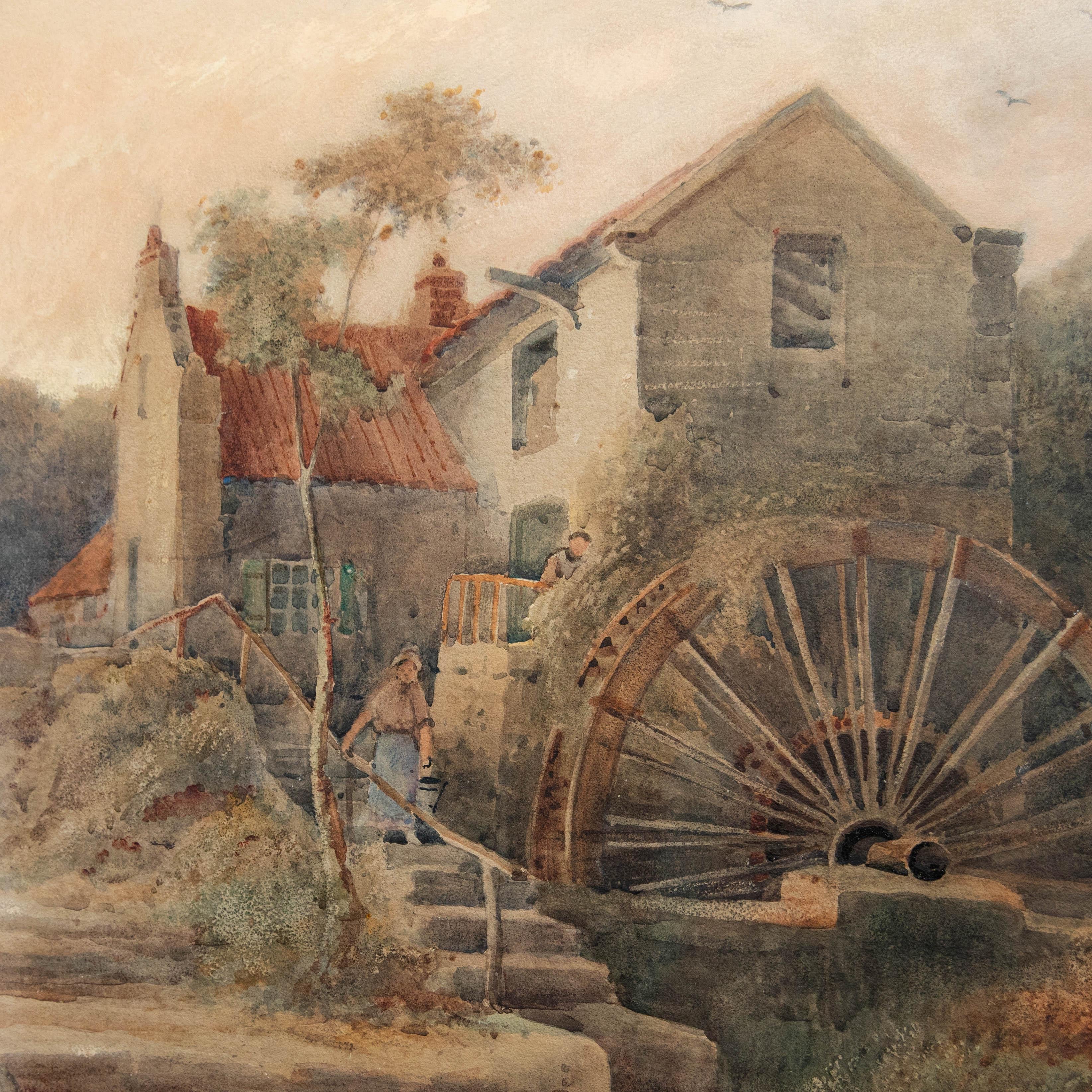 Eine charmante Aquarellszene, die eine Frau auf den Stufen einer Wassermühle in der Morgensonne zeigt. Signiert und datiert unten rechts. Präsentiert in einem teilvergoldeten Rahmen mit einem Ei-und-Pfeil-Laufmuster. Auf dem Papier.
