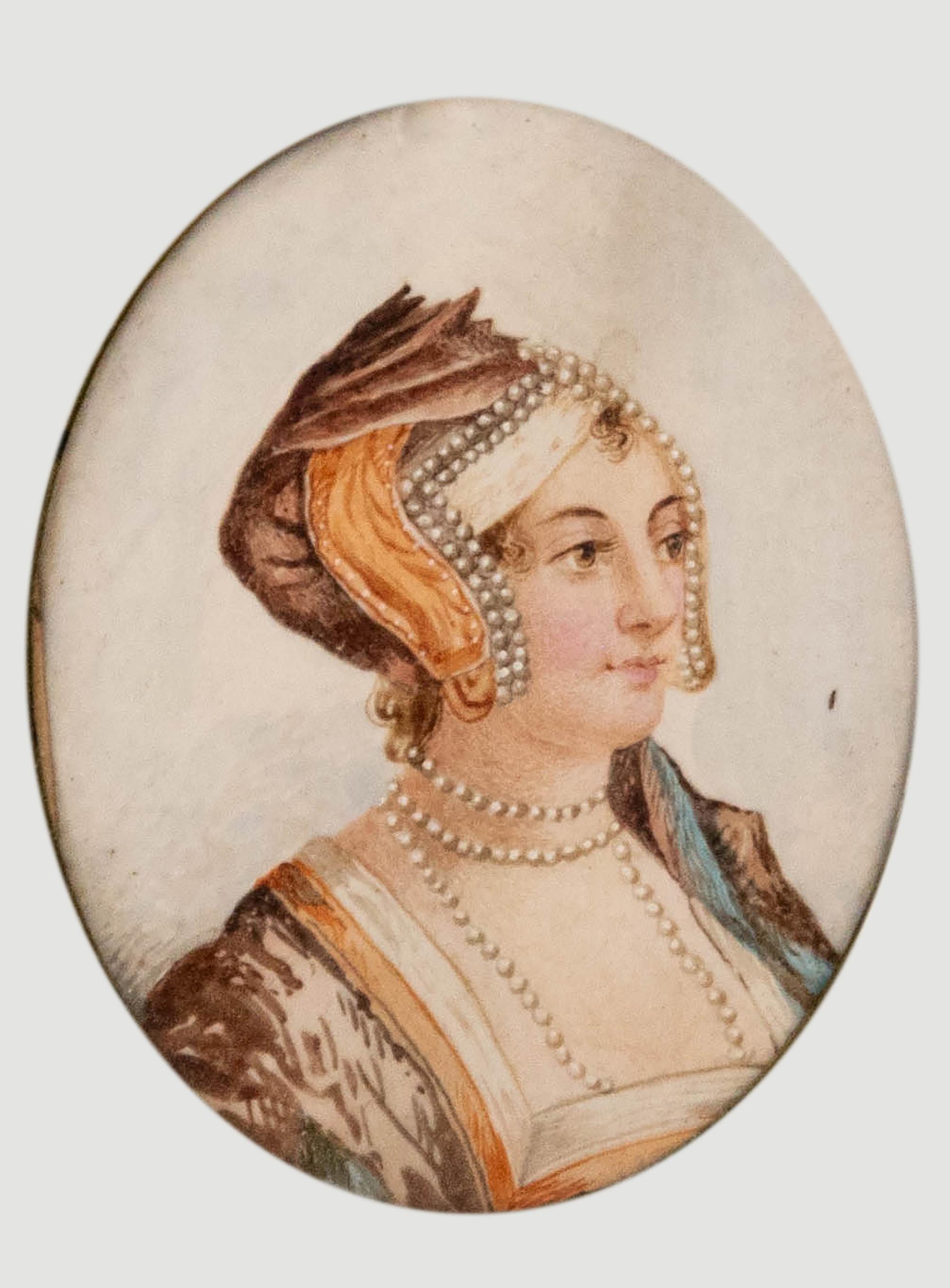 Miniatur-Aquarell des 19. Jahrhunderts - Porträt von Anne Boleyn – Art von Unknown