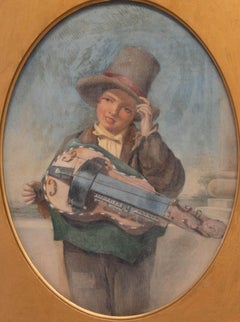 Framed Late 19th Century Watercolour - Boy with a Hurdy-Gurdy