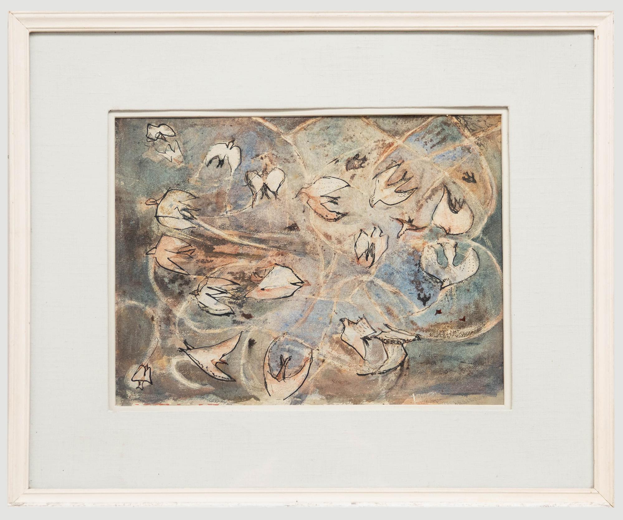 Unknown Animal Art - Carl Olaf Plate (1909-1977) - Mid 20th Century Ink Wash, Birds Chasing Insects