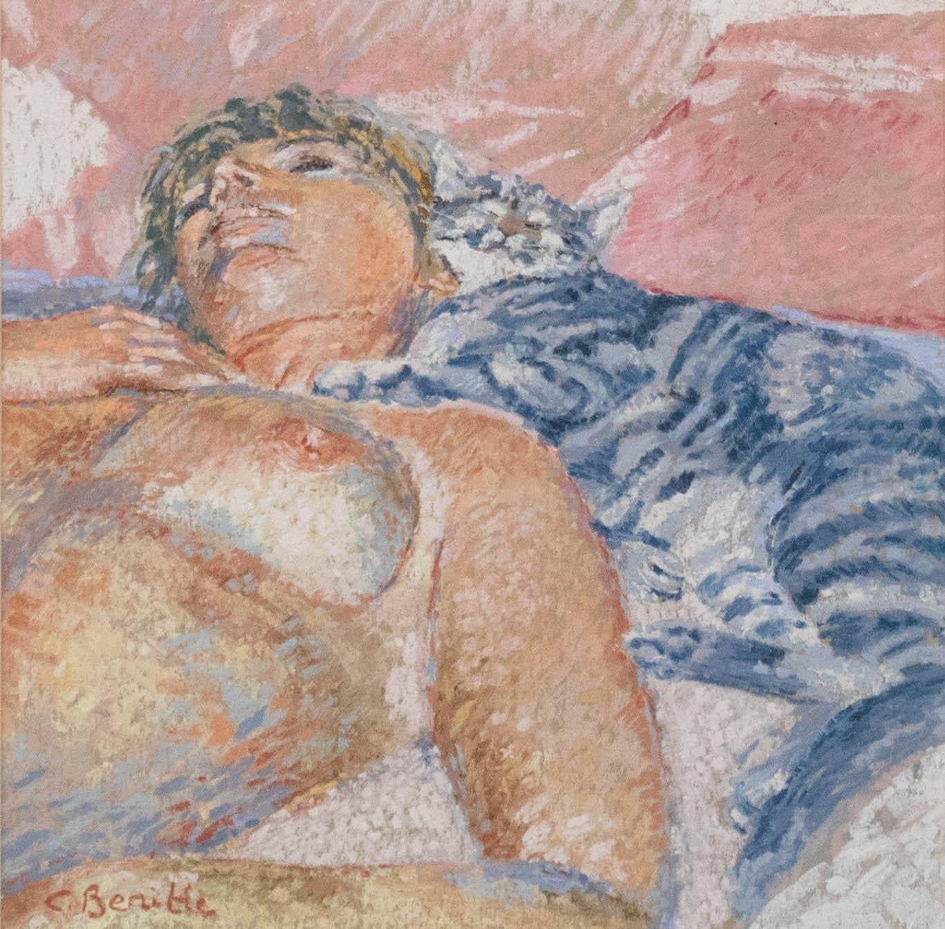 Celeste Benitte (née en 1937) - Pastel du 20ème siècle encadré, La Sieste du Chat - Art de Unknown