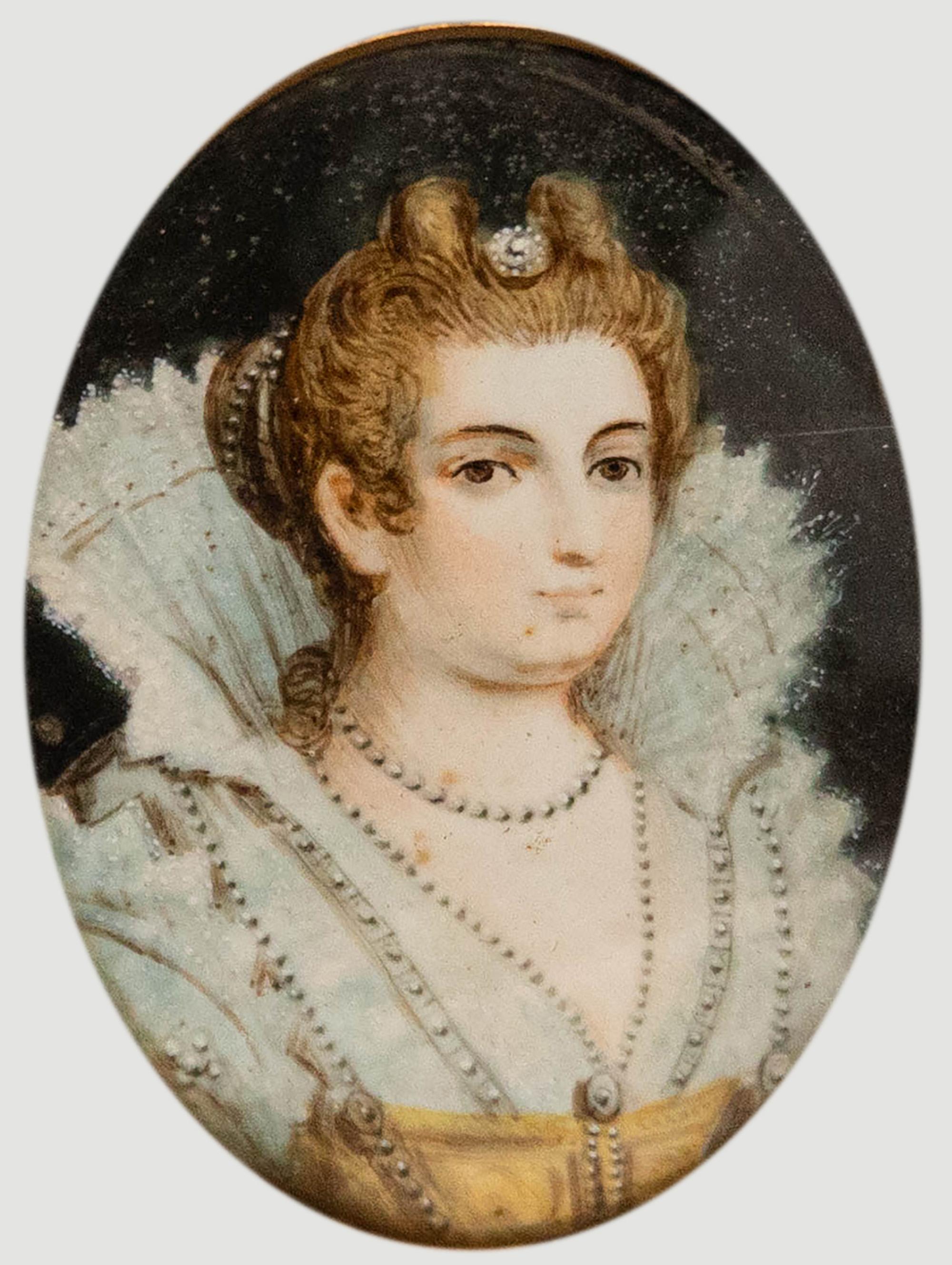 Ein reizvolles Miniaturporträt, das Maria de Medici darstellt. Tochter von Giovanna von Österreich und Francesco Medici. Sie heiratete König Heinrich IV. und wurde 1610 Königin von Frankreich. Nicht signiert. Präsentiert in einem vergoldeten Rahmen