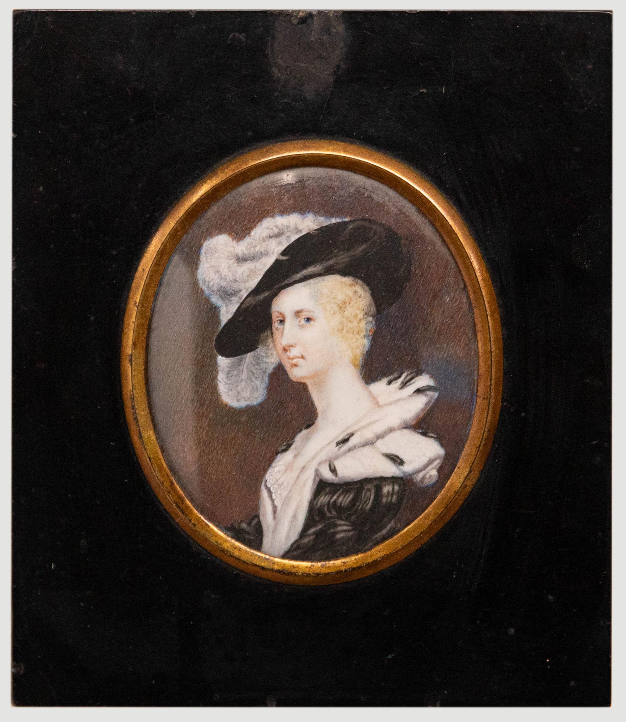 Miniature du 19e siècle - Aquarelle, Dame au chapeau à plumes