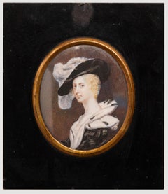 Miniatura di ritratto del XIX secolo - Acquerello, Signora con cappello di piume