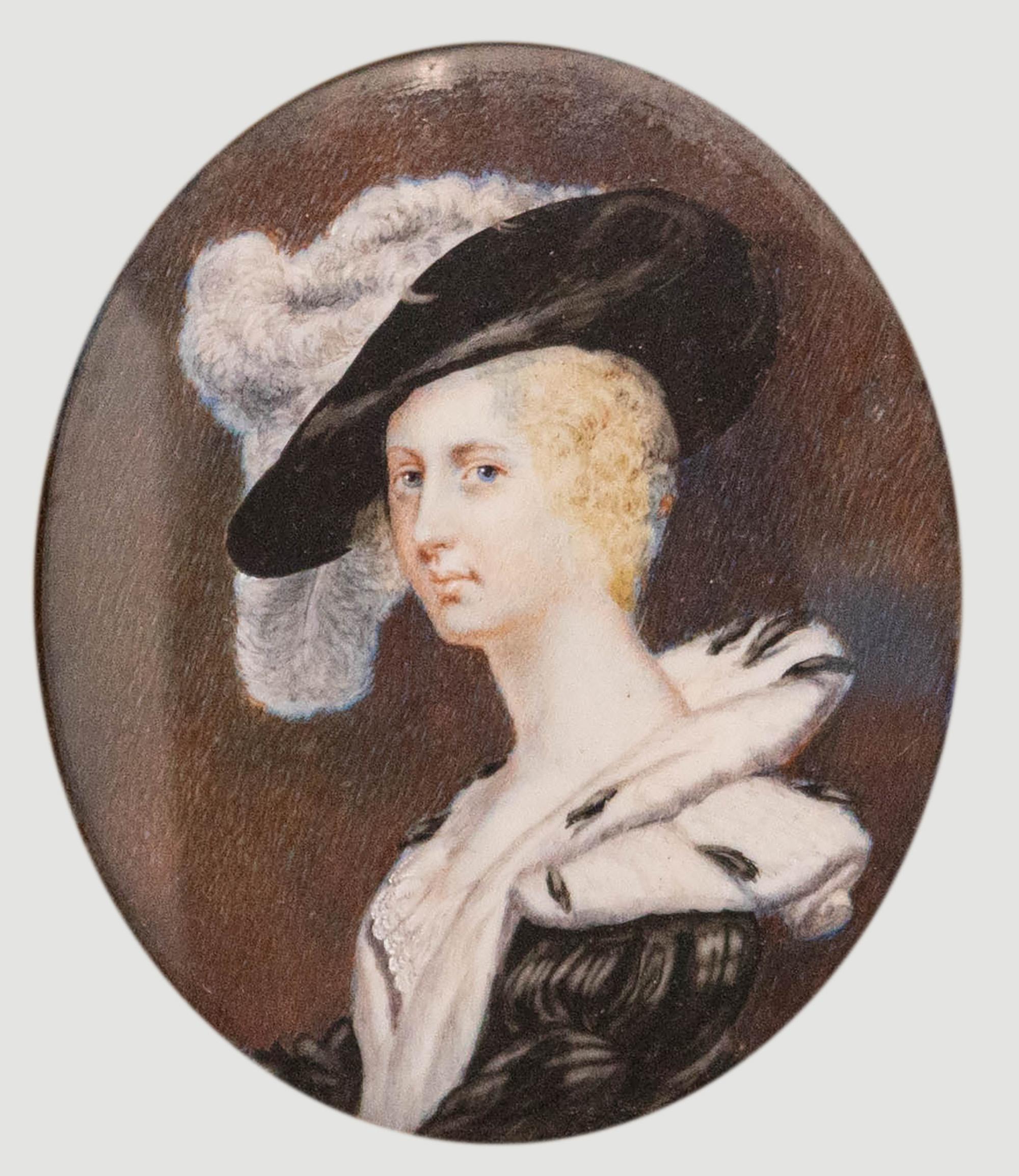 Miniatura di ritratto del XIX secolo - Acquerello, Signora con cappello di piume - Art di Unknown