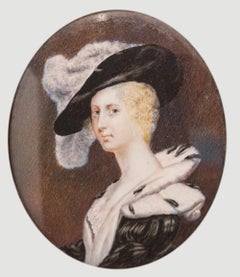 19th Century Portrait Miniature - Watercolour, Lady in a Feathered Hat