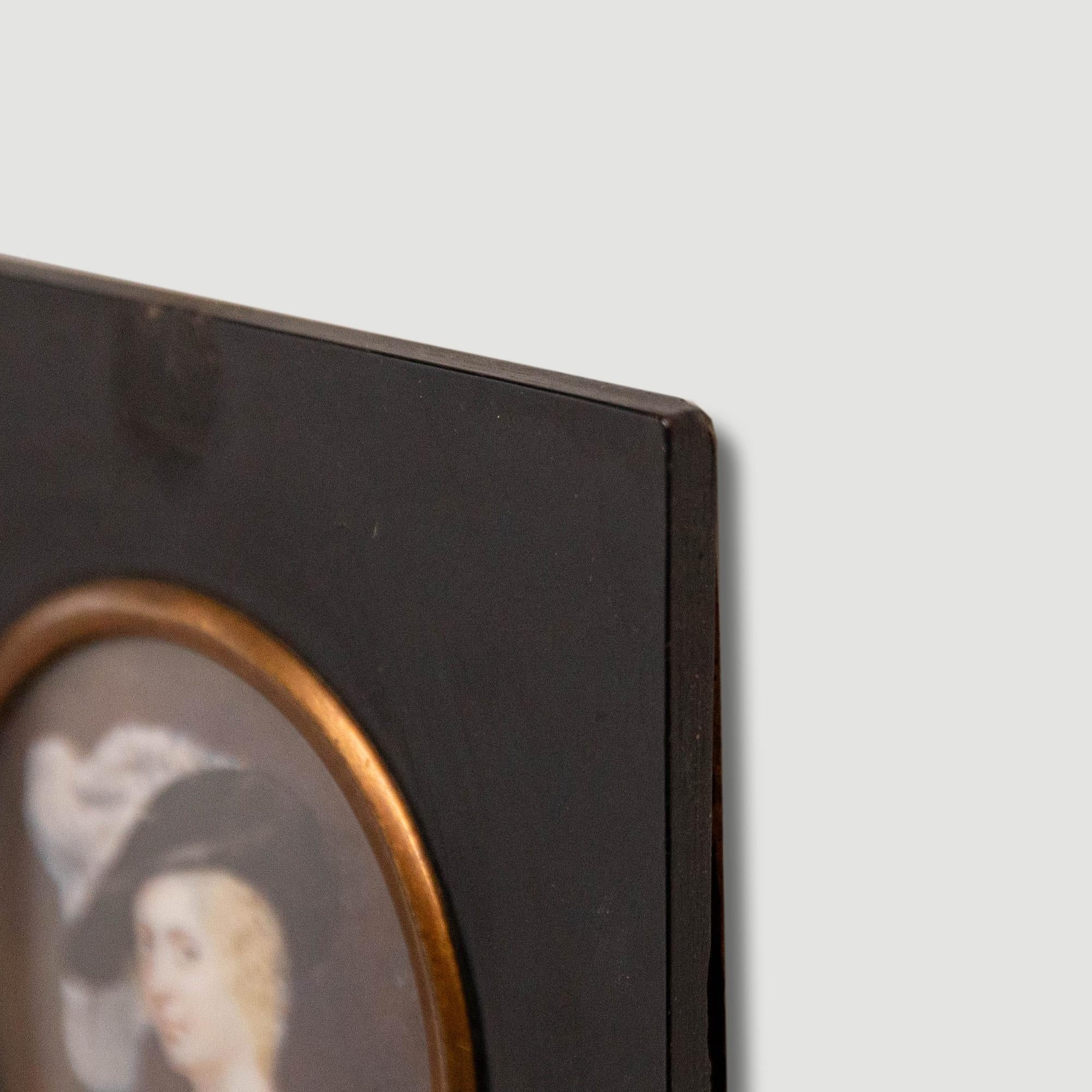 Miniatura di ritratto del XIX secolo - Acquerello, Signora con cappello di piume in vendita 1