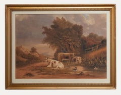 W. Graham  - Aquarelle du 19e siècle, Bovins au repos