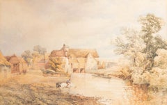 W. S. S.  Aquarell des 19. Jahrhunderts, Bauernhof am Fluss