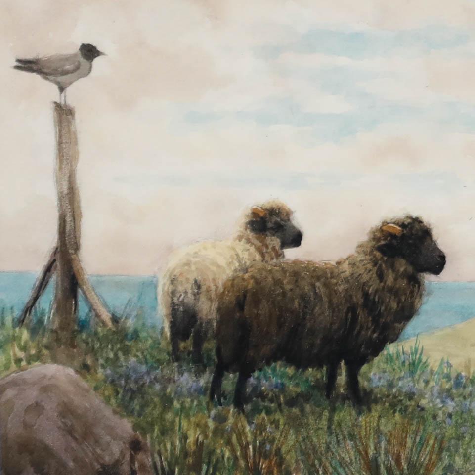 Acquerello originale di John Robert Keitley Duff, RI (1862-1938). Pecore al pascolo su una collina. Presentato in una semplice cornice dorata con supporto in cartoncino. Senza segno. Su carta acquerellata. 