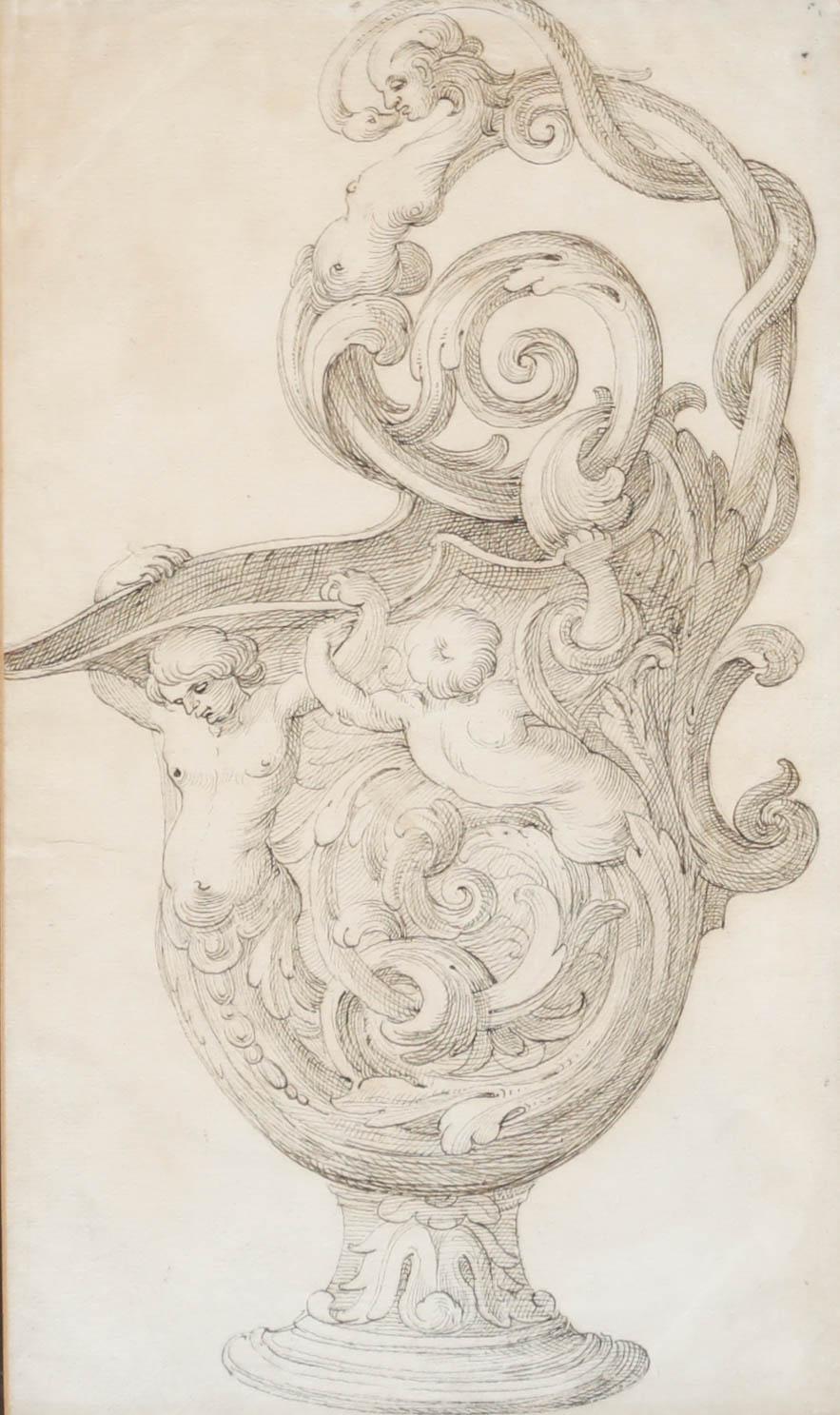Disegno a penna e inchiostro di scuola italiana del XVIII secolo - Progetto per un'anfora - Art di Unknown