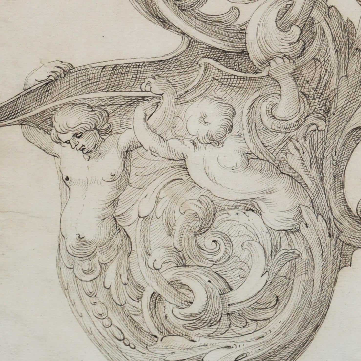 Un bel disegno del XVIII secolo per un'anfora in stile barocco. Montato in un'elegante cornice dorata. Su un'impaginazione molto precoce fatta a mano.