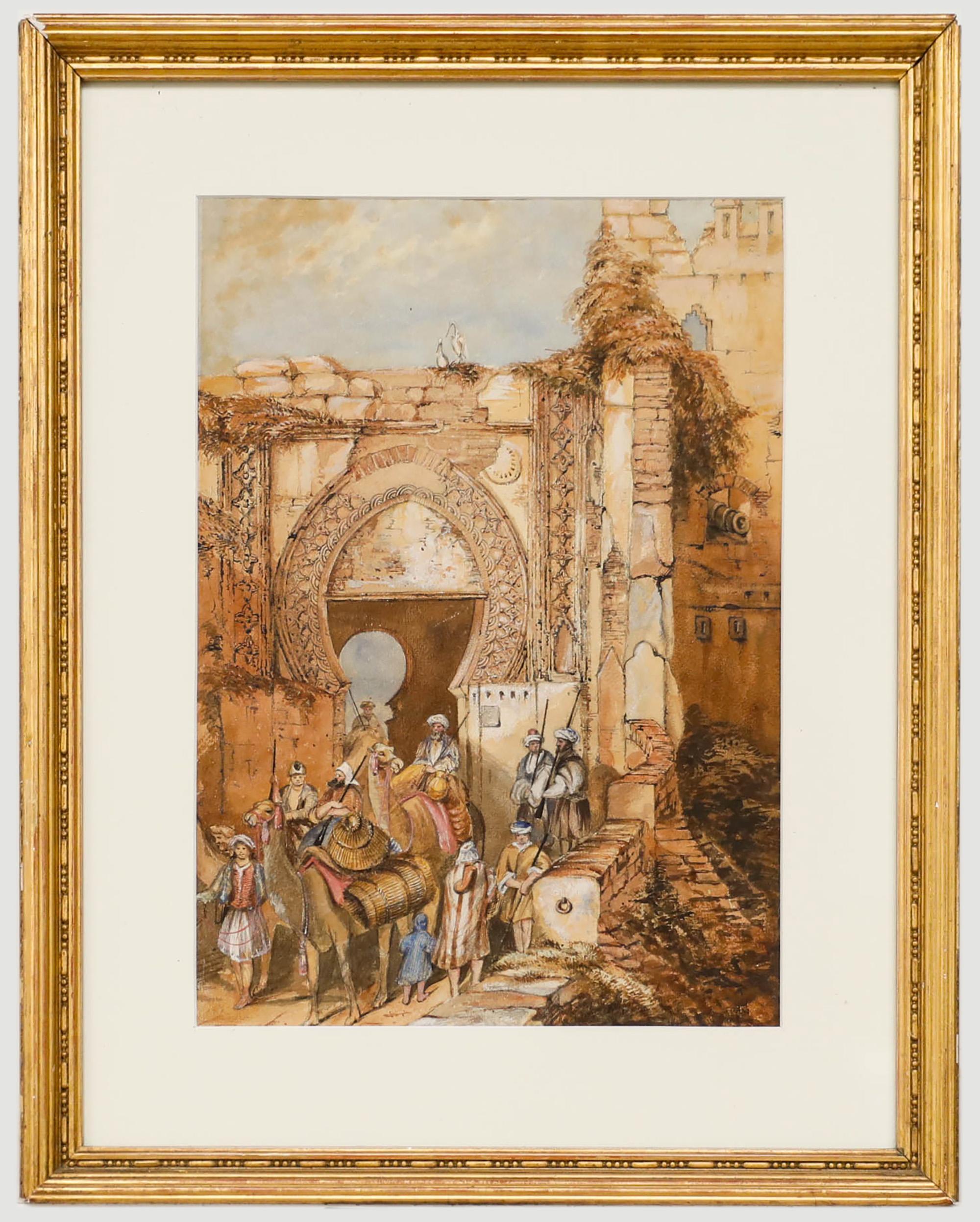 Aquarelle encadrée de la fin du 19e siècle, The Gate of Marshan, d'après David Roberts