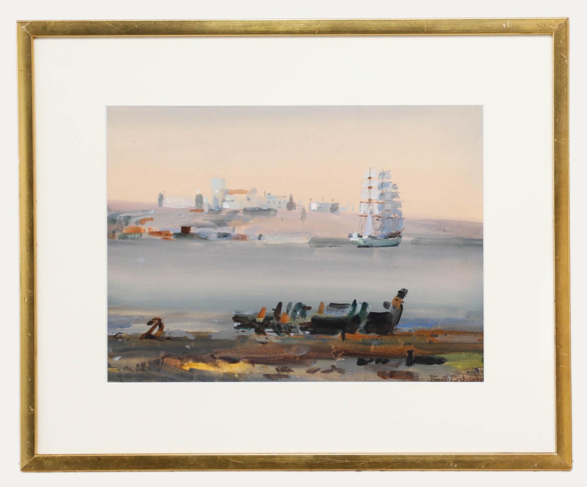 Una atractiva acuarela costera del artista de la escuela de Newlyn Frank Richards RBA (1863-1935). Presentado en un elegante marco dorado con un montaje blanco nítido. Firmado en la parte inferior derecha. Con etiqueta inscrita "Para Coombe, de mi