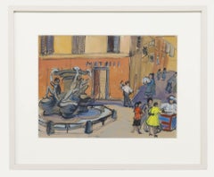 Elizabeth Hinde - Acuarela enmarcada de mediados del siglo XX, Plaza de las Tortugas