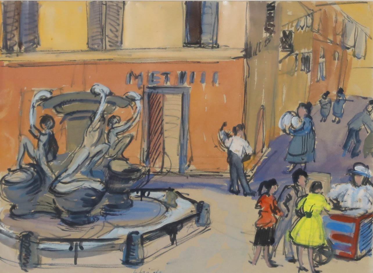 Elizabeth Hinde - Gerahmtes Aquarell aus der Mitte des 20. Jahrhunderts, Quadrat der Fackeln – Art von Unknown