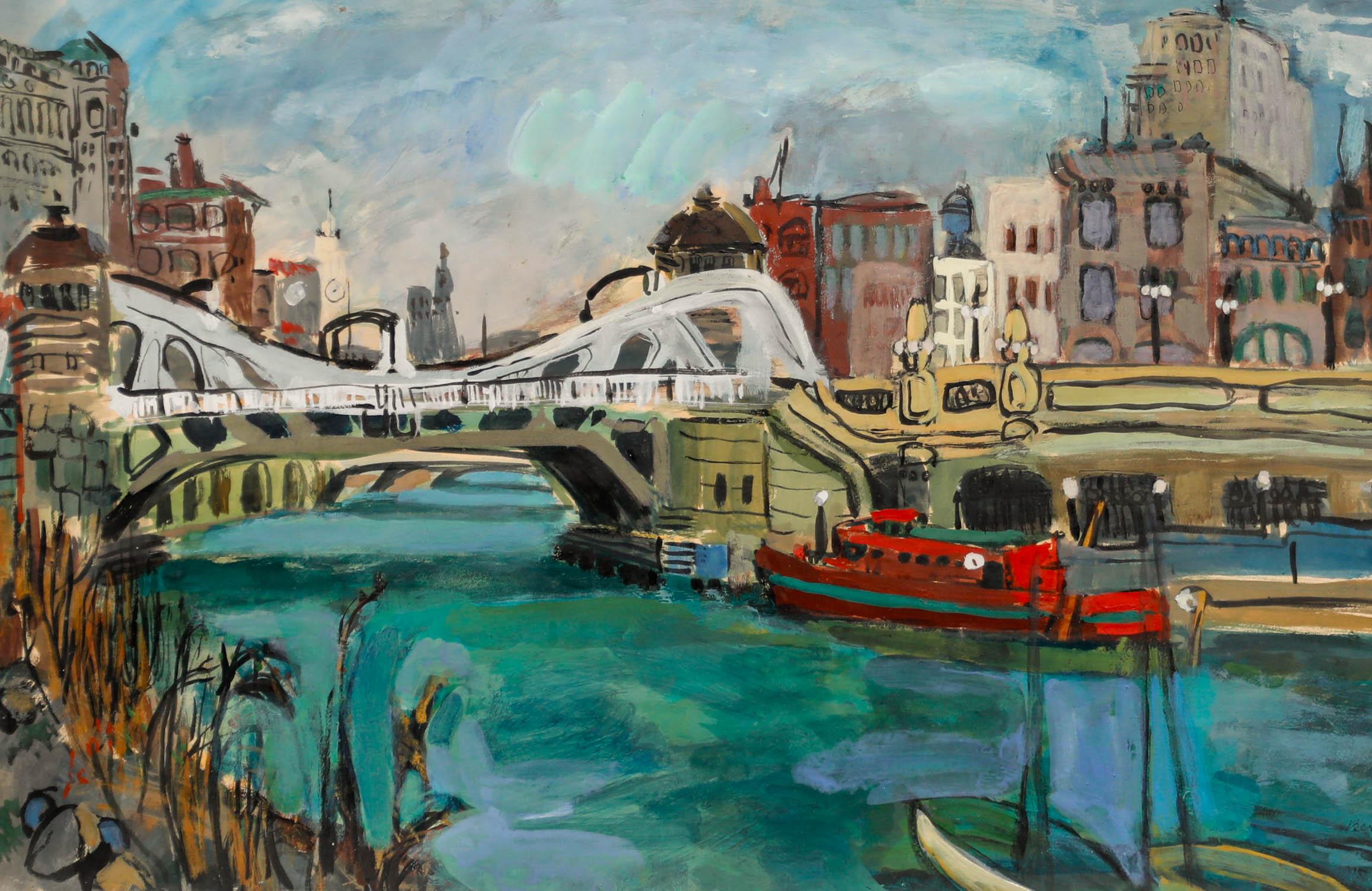 Bernice Rubane - Gouache della metà del XX secolo, Città sul fiume - Art di Unknown