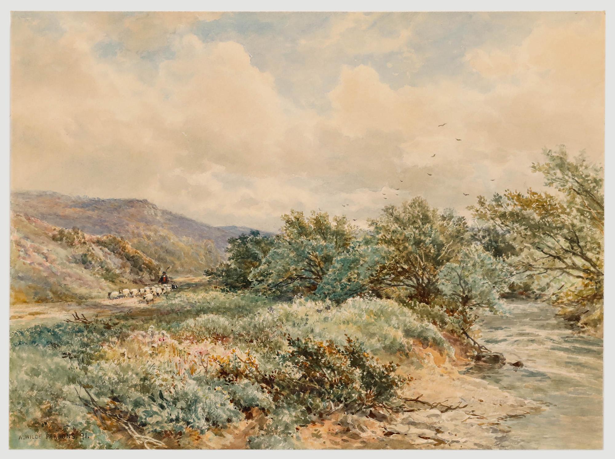 Arthur Wilde Parsons RA (1854-1931) - 1891 Watercolour, Moving the Herd - Beige Landscape Art by  Ali Alışır