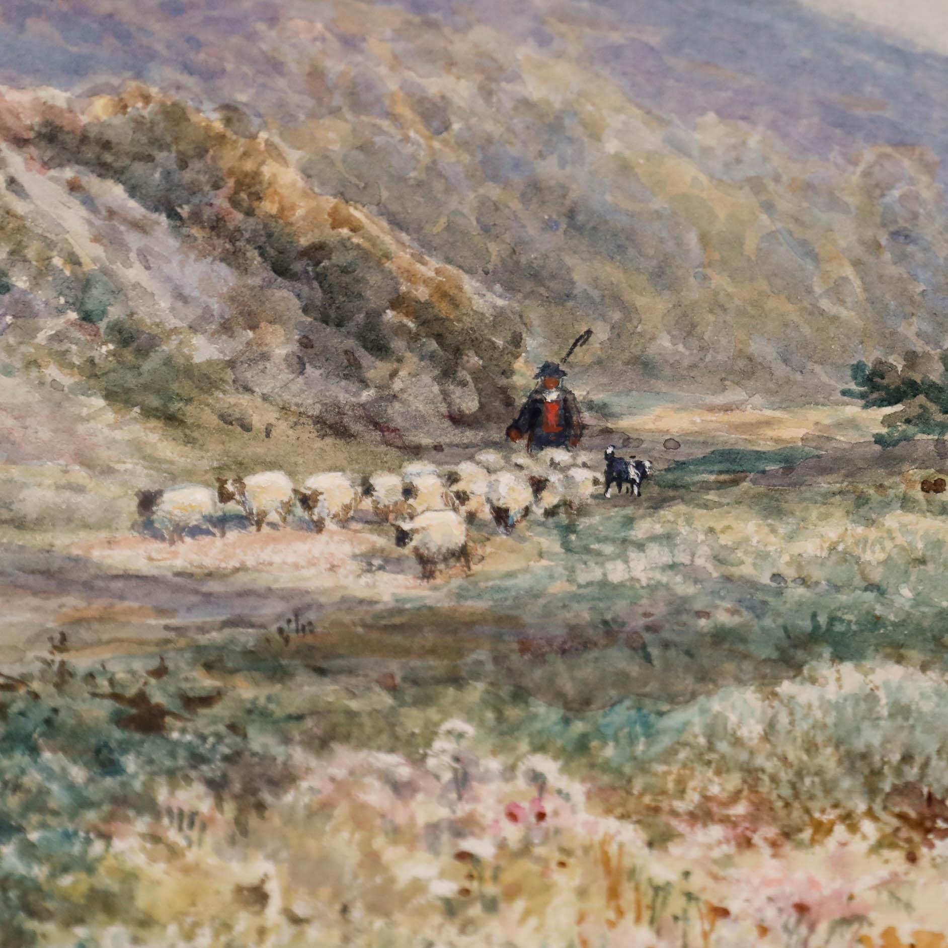 A charming watercolour scene by listed artist Arthur Wilde Parsons depicting a shepherd and his sheepdog moving a flock through a highland landscape. Signed and dated to the lower left. On paper laid to card .